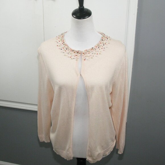 Field Manor Peach Beaded Neckline Silk Blend Cardigan Size Large - Picture 3 of 6